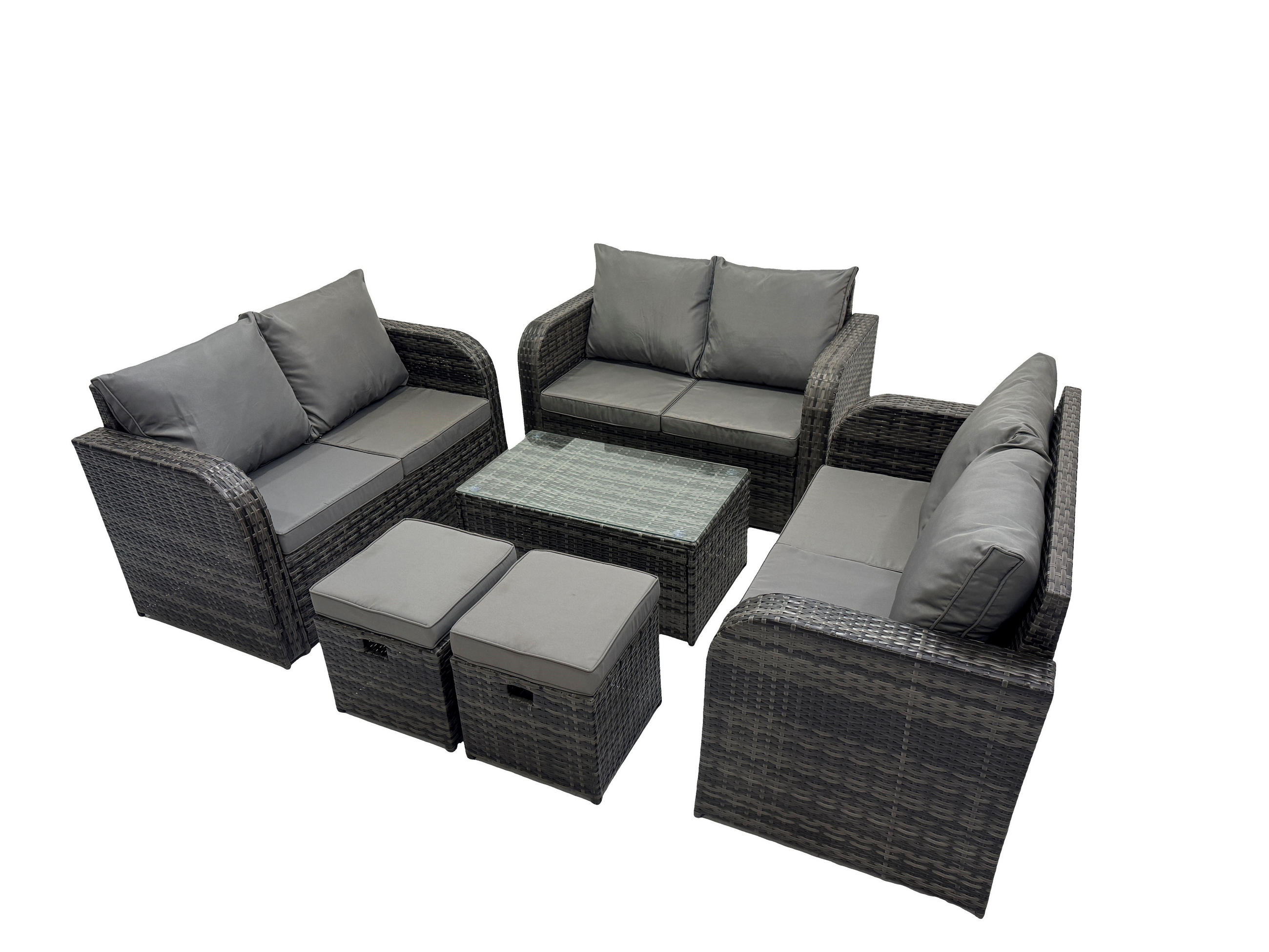 GARTENMÖBELGARNITUR mit KISSEN Polyrattan Dunkelgrau 8-Sitzer - Dunkelgrau/Grau, Glas/Kunststoff - Fimous