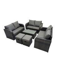 GARTENMÖBELGARNITUR mit KISSEN Polyrattan Dunkelgrau 8-Sitzer - Dunkelgrau/Grau, Glas/Kunststoff - Fimous