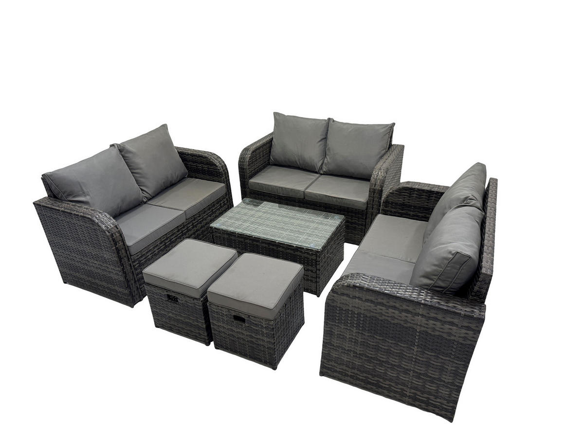 GARTENMÖBELGARNITUR mit KISSEN Polyrattan Dunkelgrau 8-Sitzer - Dunkelgrau/Grau, Glas/Kunststoff - Fimous