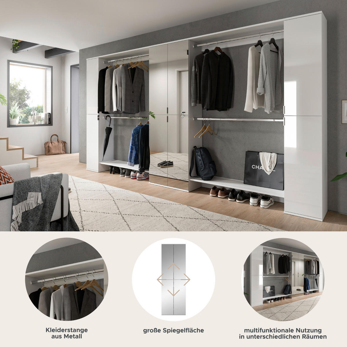 GARDEROBENSCHRANK weiß Hochglanz 232 cm, Schuhschrank XXL, mit Spiegeltüren - Chromfarben/Weiß Hochglanz, Holzwerkstoff/Kunststoff (341/193/34cm) - Inn.Furn