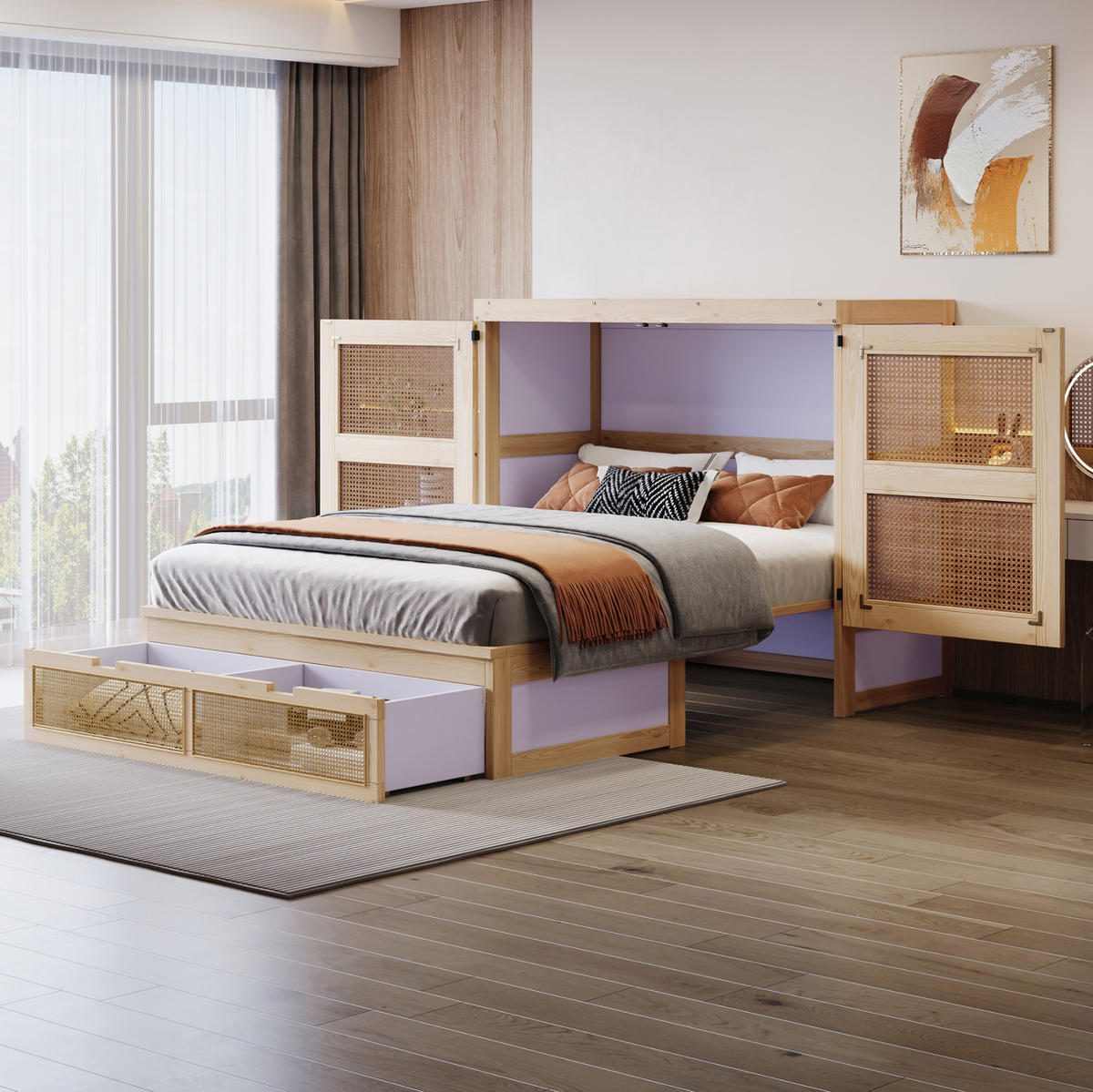 KLAPPBETT 140/200 cm in Holzfarbe mit Rattan-Design und Schubladen - Naturfarben, Holzwerkstoff (140/200cm) - Flora Grace