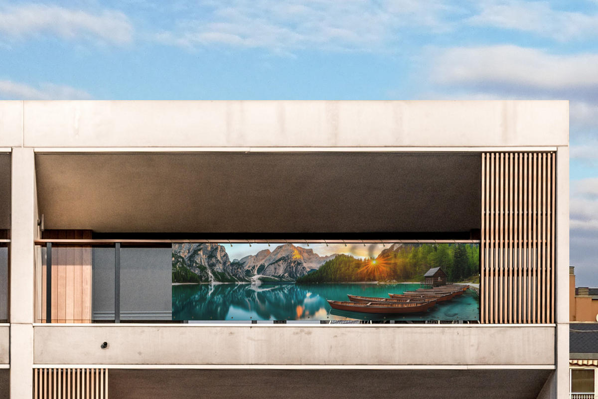 BALKON-SICHTSCHUTZ See - Berge - Sonnenuntergang - Boot - Petrol, Kunststoff (500/120cm) - MuchoWow
