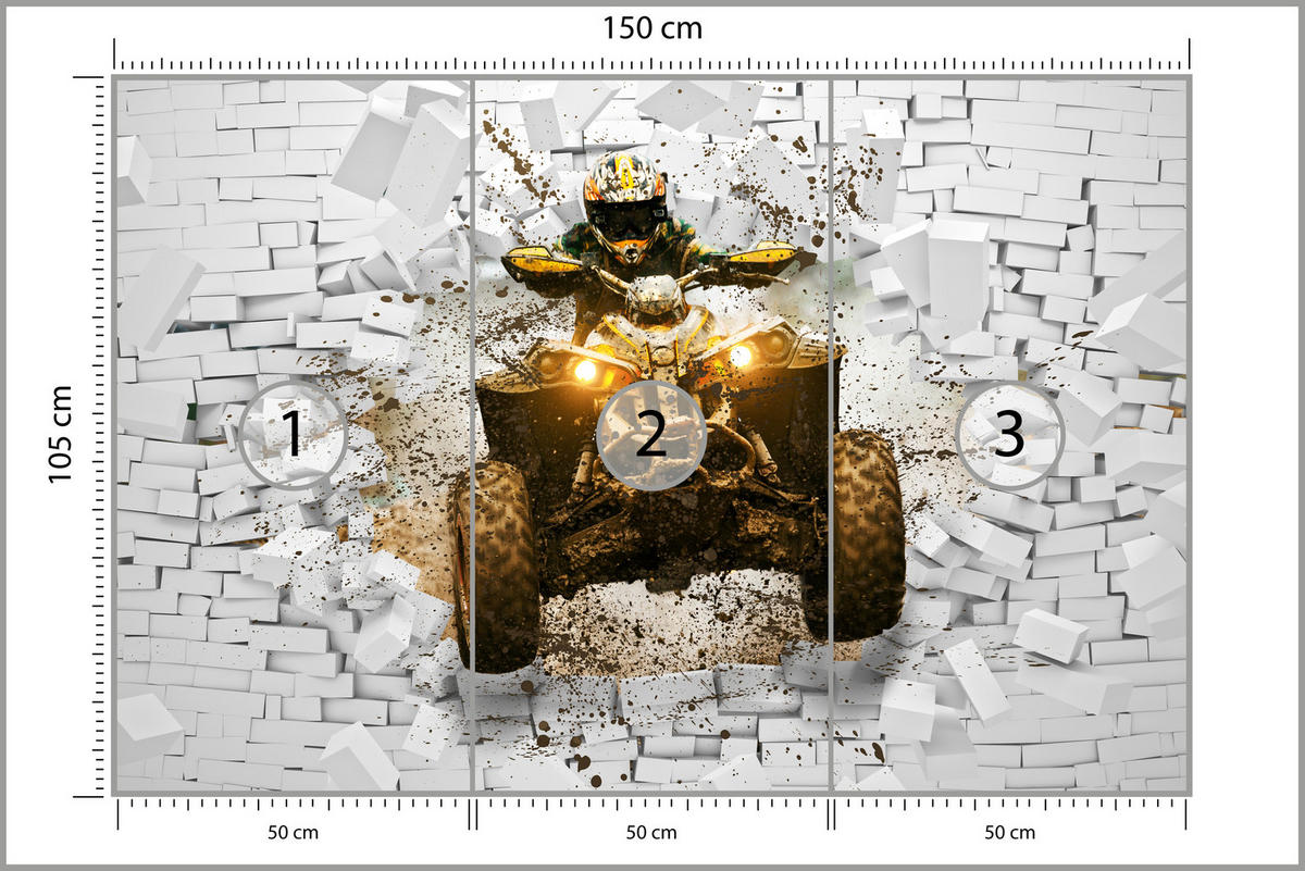 FOTOTAPETE für Büro Schlammbedecktes Quad Durchbricht Backsteinmauer 150x105 - Gelb/Beige, Papier (150/105cm) - Muralo
