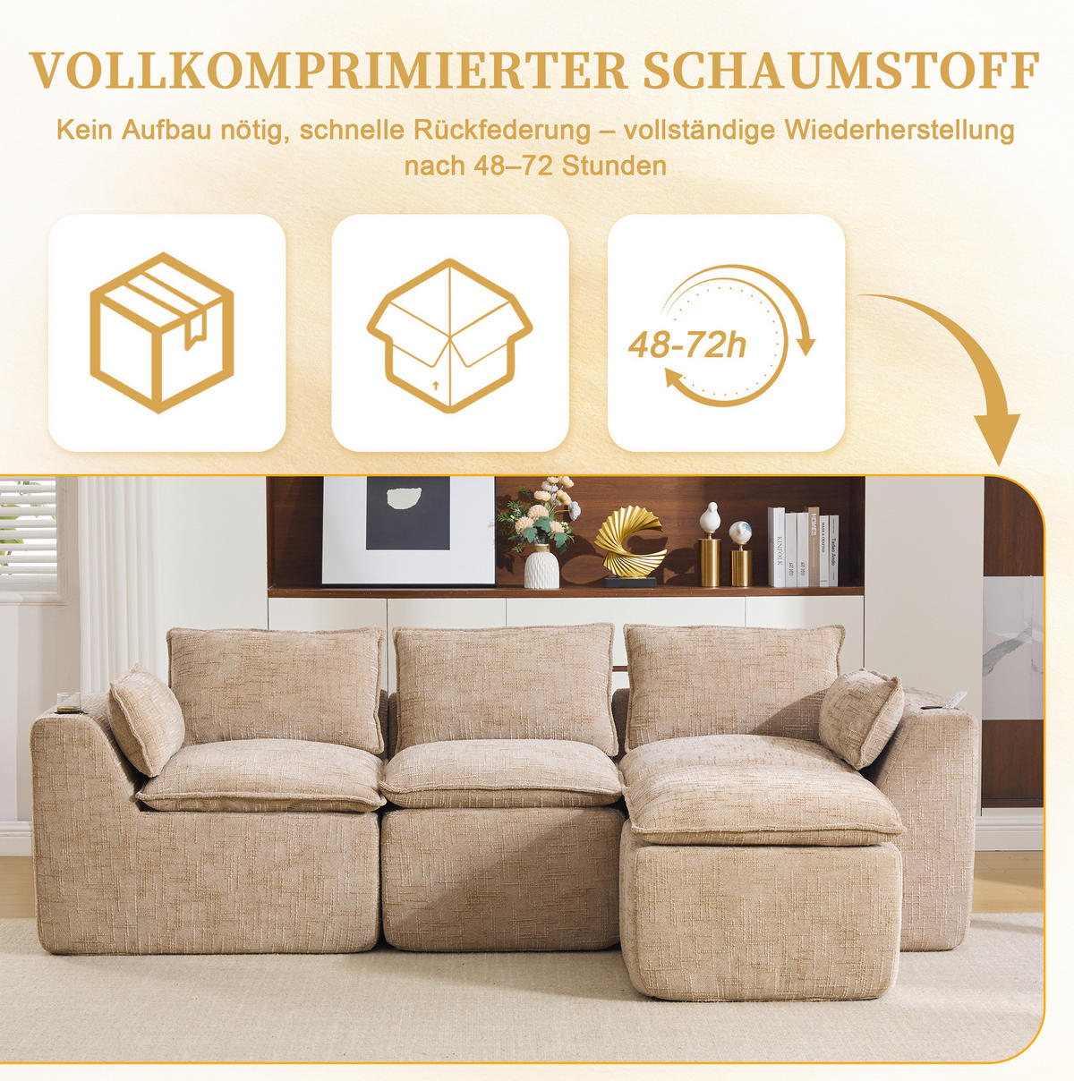 ECKSOFA 256/161/75 cm khaki aus Chenille mit Seitentaschen, Kissen und Federkern - Sandfarben, Textil (161/256cm) - OKWISH
