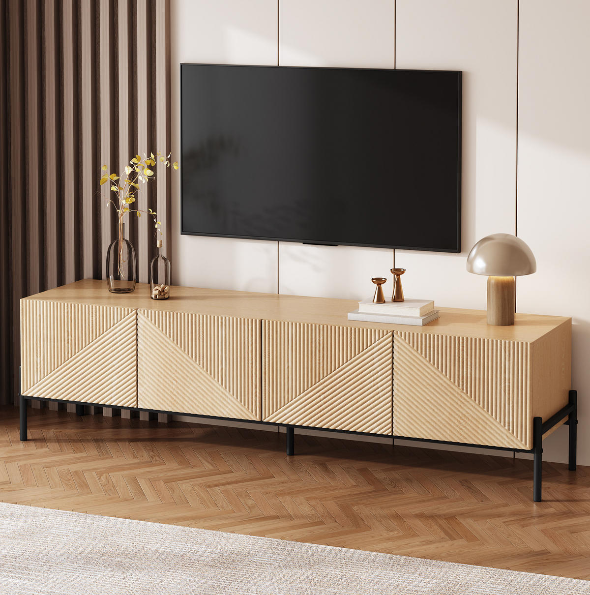 TV stolek z MDF 163,5x40x45 cm přírodní se 4 dvířky, 3D strukturou a otvíráním na stisk - světle hnědá, kompozitní dřevo (163.5/45/40cm) - Modfu