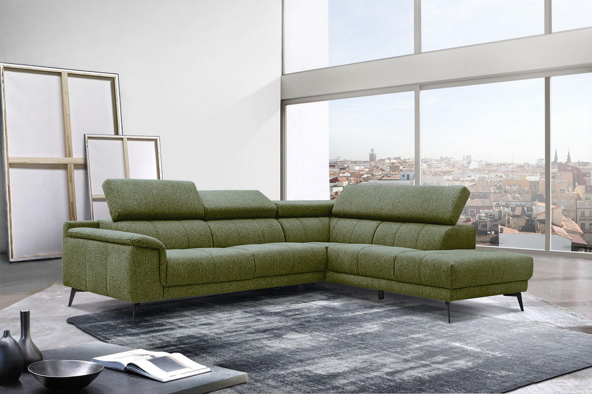 ECKSOFA FIERO 5-Sitzer, olivgrün - Schwarz/Olivgrün, Holzwerkstoff/Textil (290/228cm) - Courtois Laville