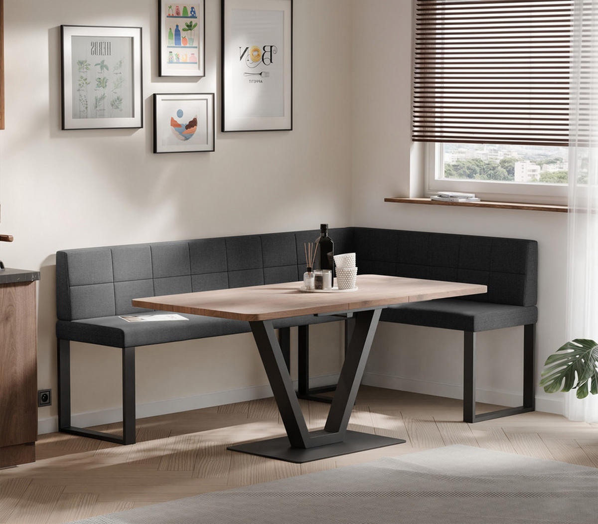 ECKBANK rechts SANA U Webstoff gesteppt, 196/142 cm Anthrazit - Anthrazit, Textil/Metall (142/196cm) - Idohome