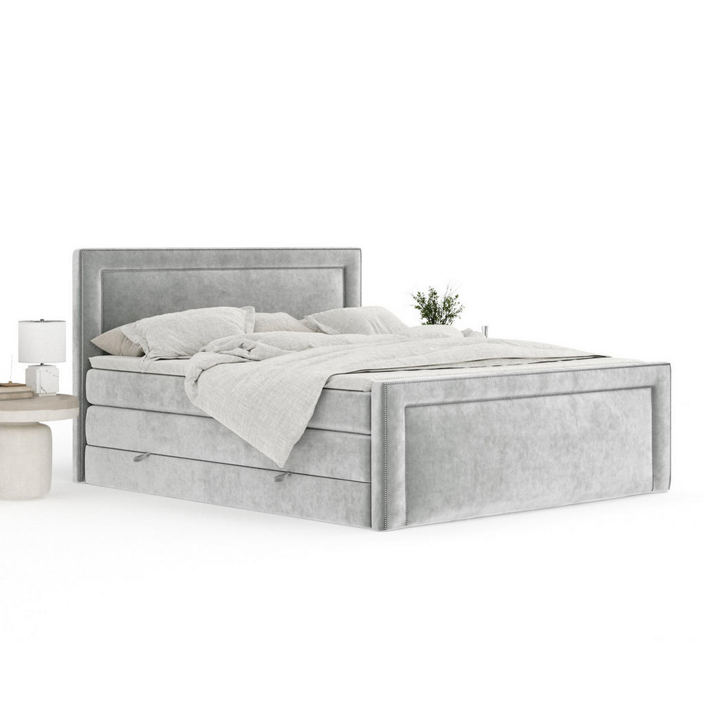 Thumbnail - Maison de Reve Boxspringbett, Hellgrau, Textil, Buche, Kiefer, H3 + H4, 7-Zonen, Höhe ca. 40 cm, 160x200 cm, Handmade in...