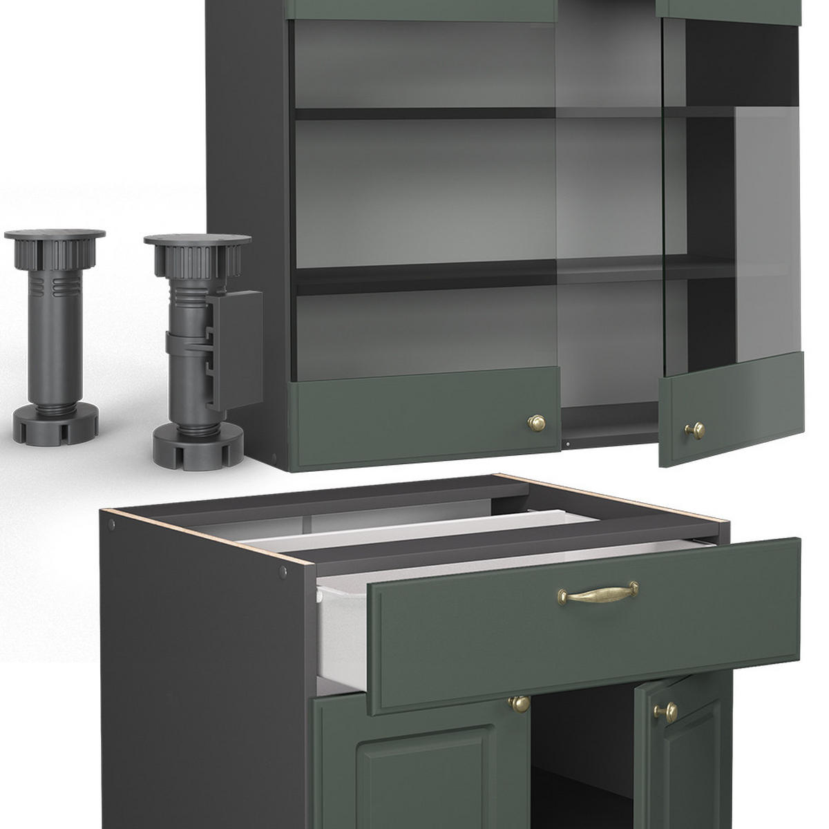 SINGLEKÜCHE Fame-Line Grün-Gold Landhaus/Anthrazit 140 cm, AP Eiche - Anthrazit/Grün, Holzwerkstoff (140/81.6/60cm) - Vicco