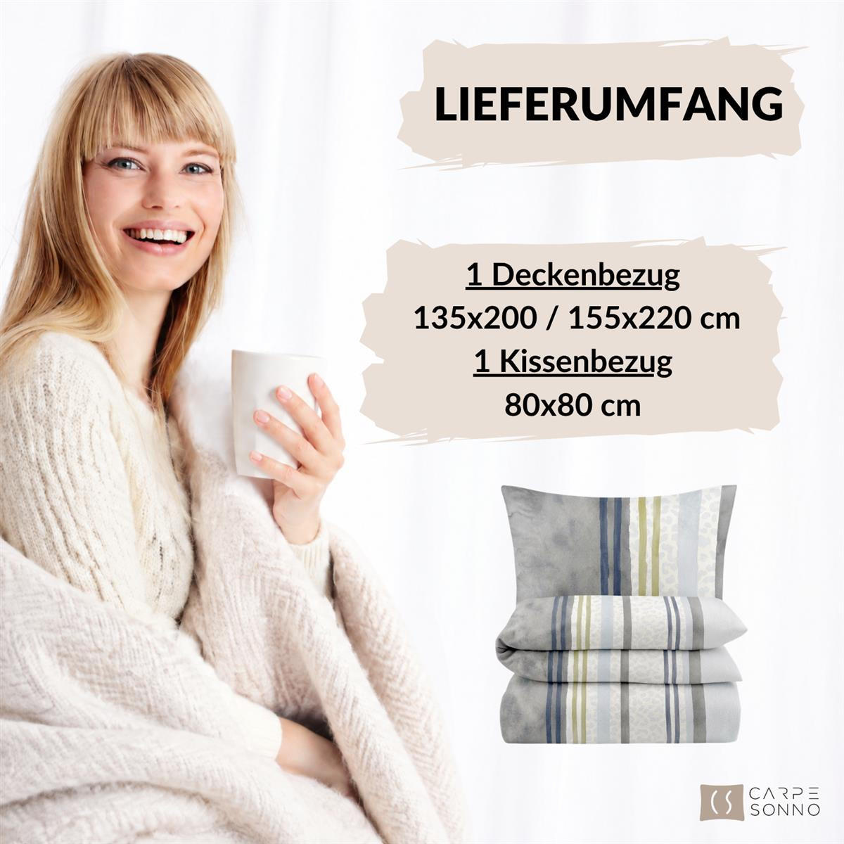 BIBER-BETTWÄSCHE 135x200 - Kuschelig warmer Flanell Bettbezug aus 100% Baumwolle für Herbst & Winter - Streifen Muster - Grau, Textil (135/200cm) - Carpe Sonno