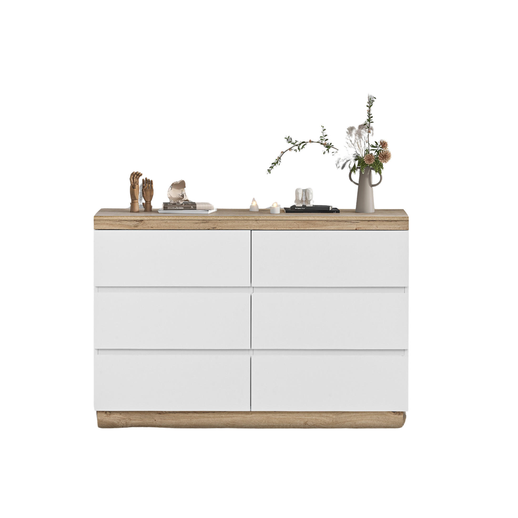 SIDEBOARD in Weiß und Eiche Kommode mit 6 Schubladen und Schließfach für Schlafzimmer und Wohnzimmer, B110/T40/H67.5cm - Eichefarben/Weiß, Holzwerkstoff/Metall (110/67.5/40cm) - STILVORA