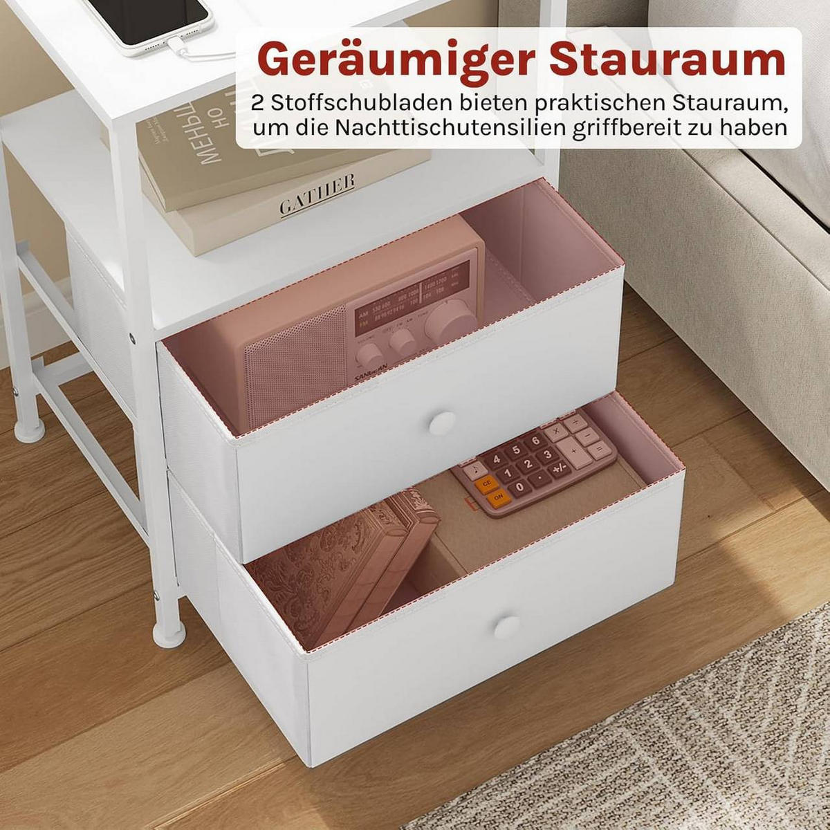 NACHTTISCH 2er Set, mit Ladefunktion, 2 Schubladen, Weiß - Weiß, Holzwerkstoff/Textil (40/60/30cm) - Woltu