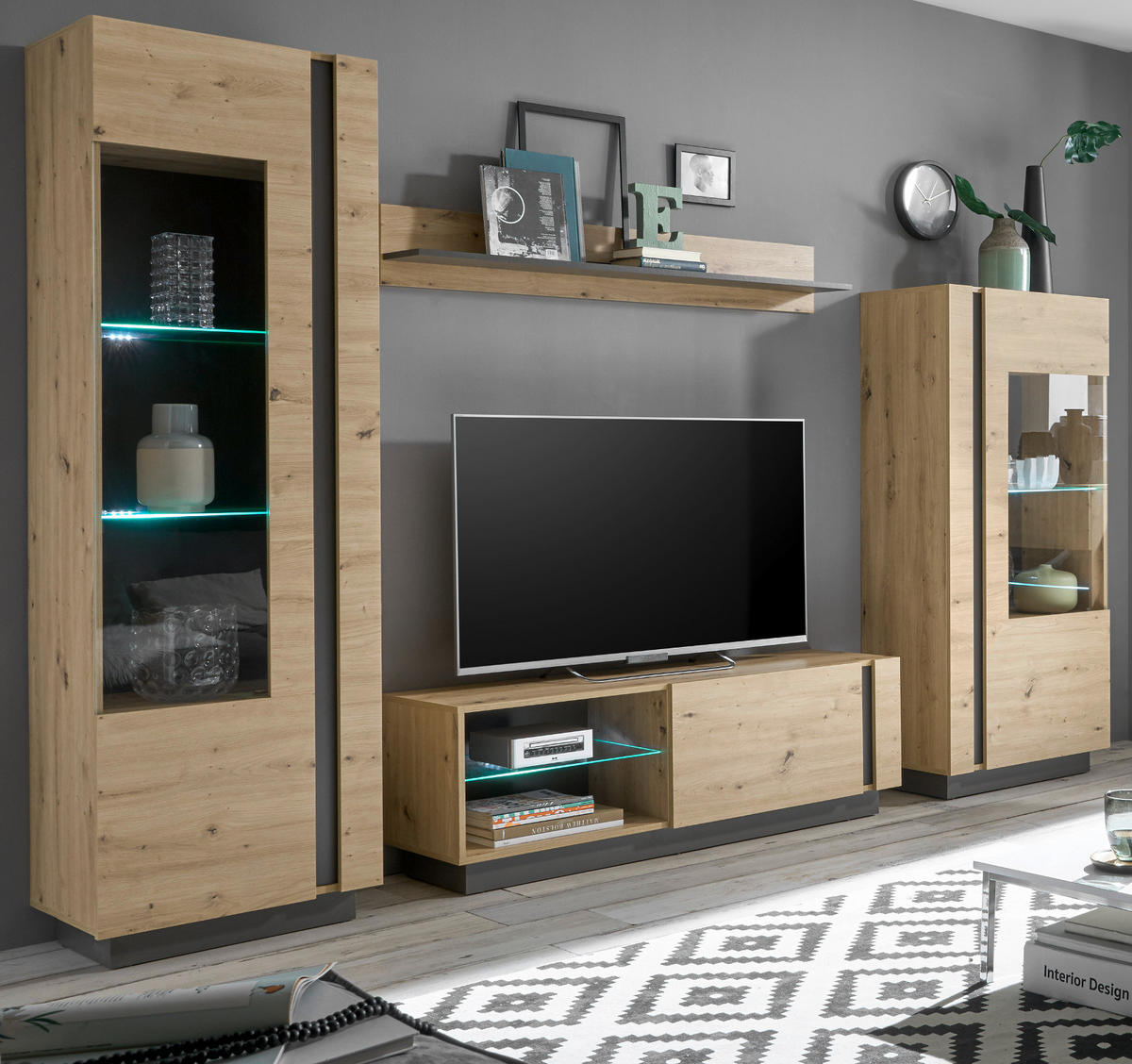 WOHNWAND 4-teilig Eiche Artisan, Graphit grau 290 cm, Schrankwand mit Soft-Close - Eiche Artisan/Grau, Glas/Holz (290/194/40cm) - Furn.Design