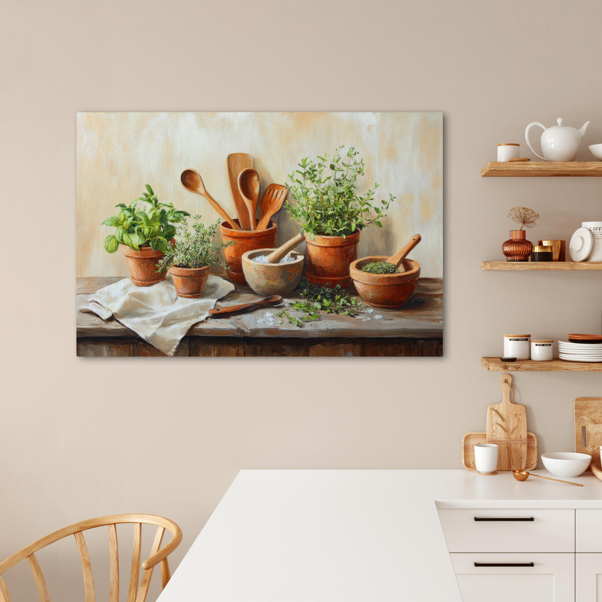 LEINWANDBILD Töpfe - Kräuter - Holz Wohnzimmer 120x80 cm - Terracotta, Textil (120/80cm) - MuchoWow