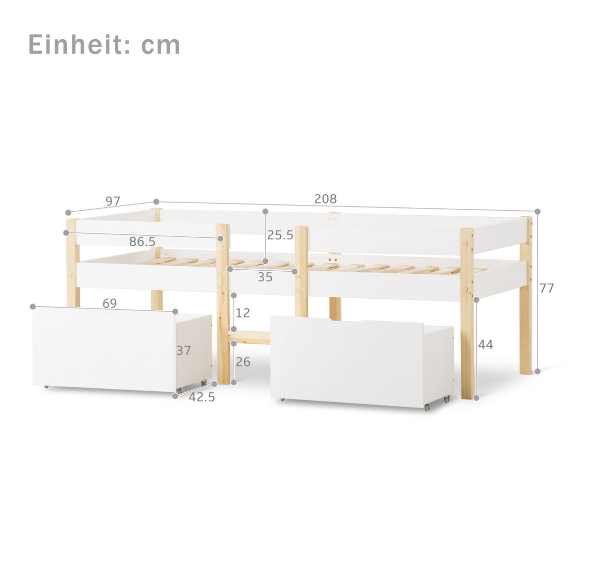 KINDERBETT 90/200 cm halbhoch aus Kiefernholz mit Rausfallschutz und Schubladen - Weiß, Holz (90/200cm) - BEAOK
