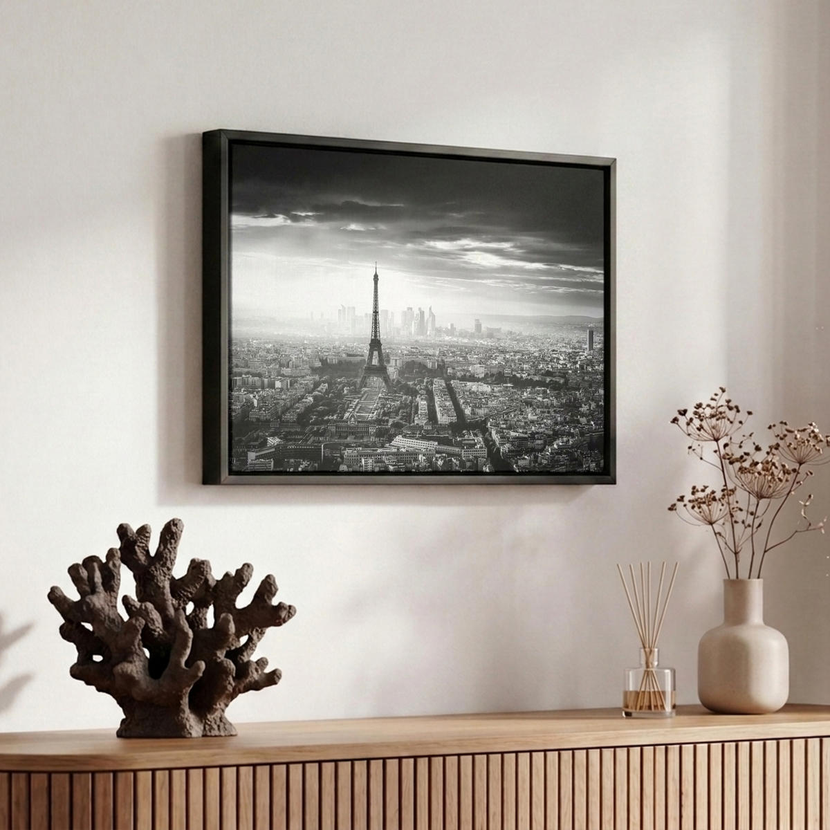 LEINWAND Bilder mit Rahmen - Paris - Skyline - Eiffelturm - Stadt - Wolken - 30x20 - Dunkelgrau, Textil (30/20cm) - MuchoWow