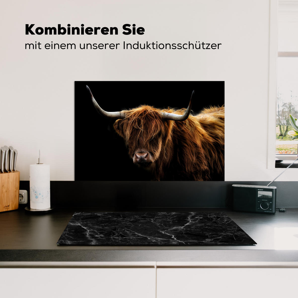 SPRITZSCHUTZ KÜCHE Schottischer Highlander - Hörner - Schwarz - Tiere - Natur - Wild - Kuh 60x40 cm - Cognac, Metall (60/0.3/40cm) - MuchoWow