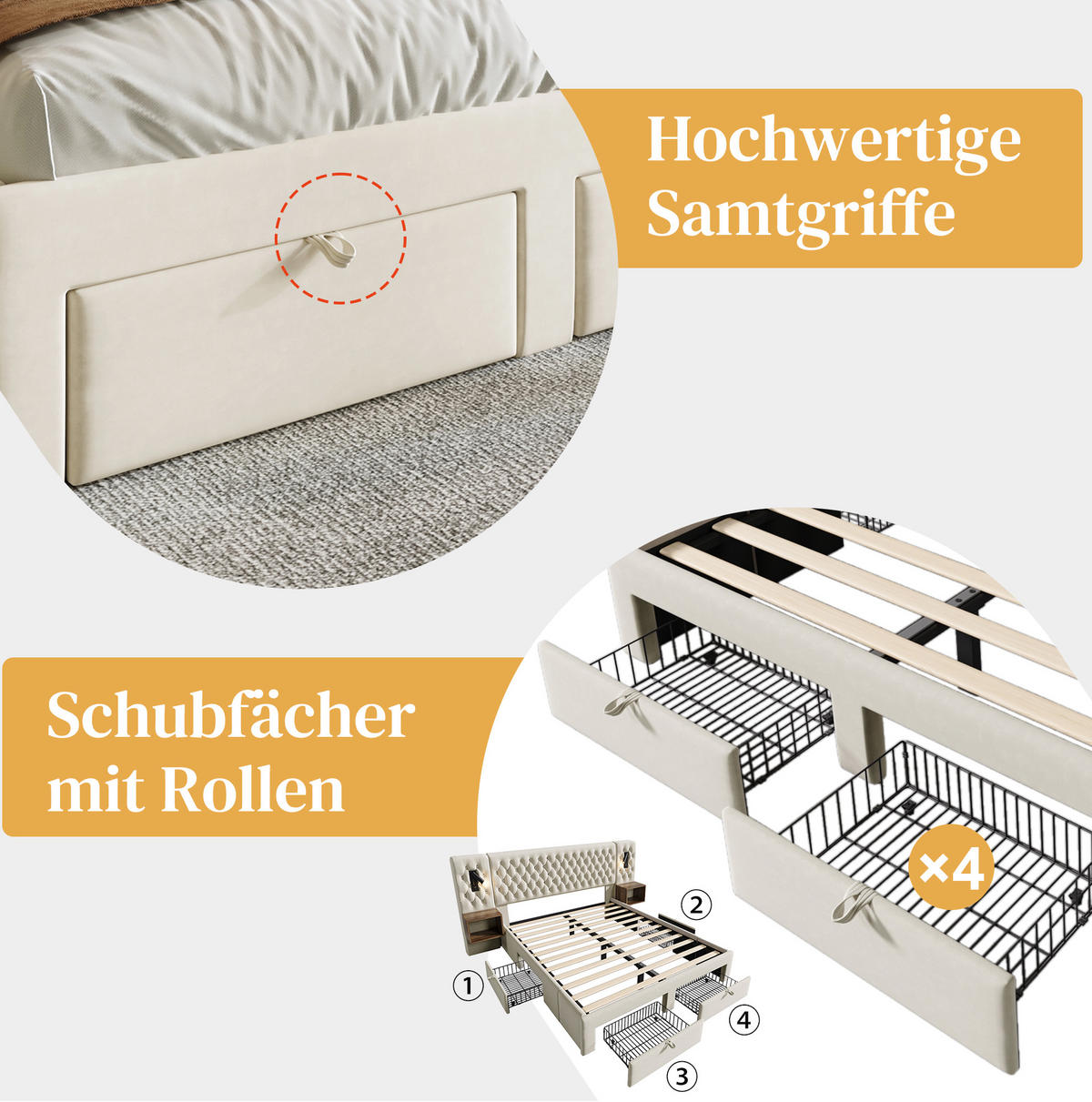 BETTANLAGE mit 2 Nachttischen 160x200 cm Samt Beige - Beige, Metall (160/200cm) - Meubliv