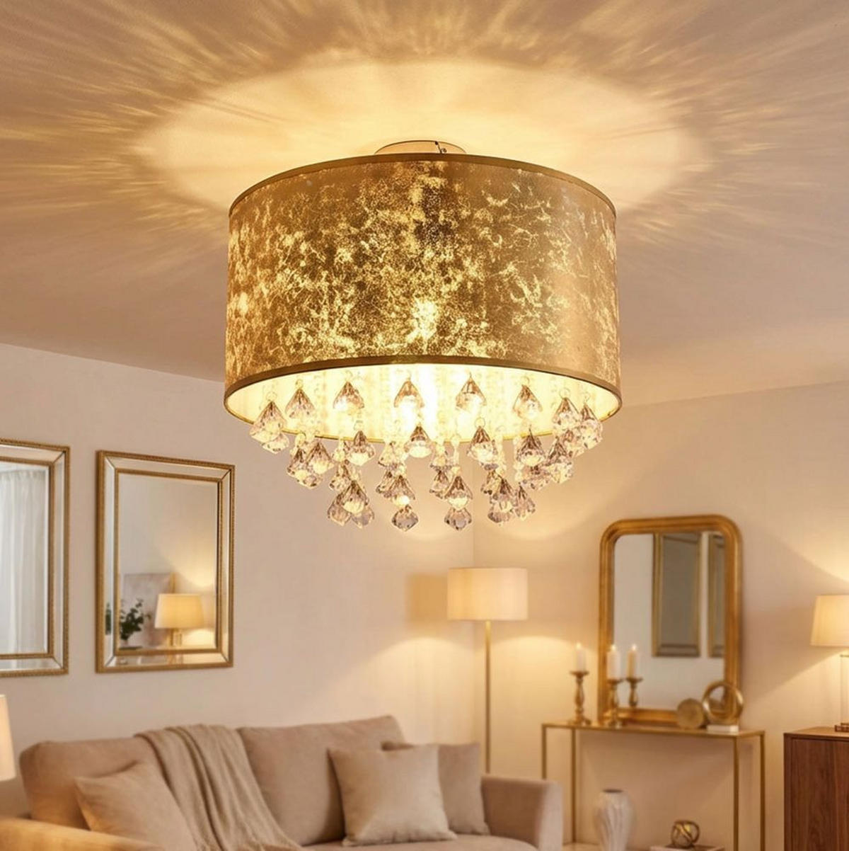 LED DECKENLEUCHTE Metall Gold Kristalloptik - Goldfarben, Textil (30/30/31cm) - Globo Lighting