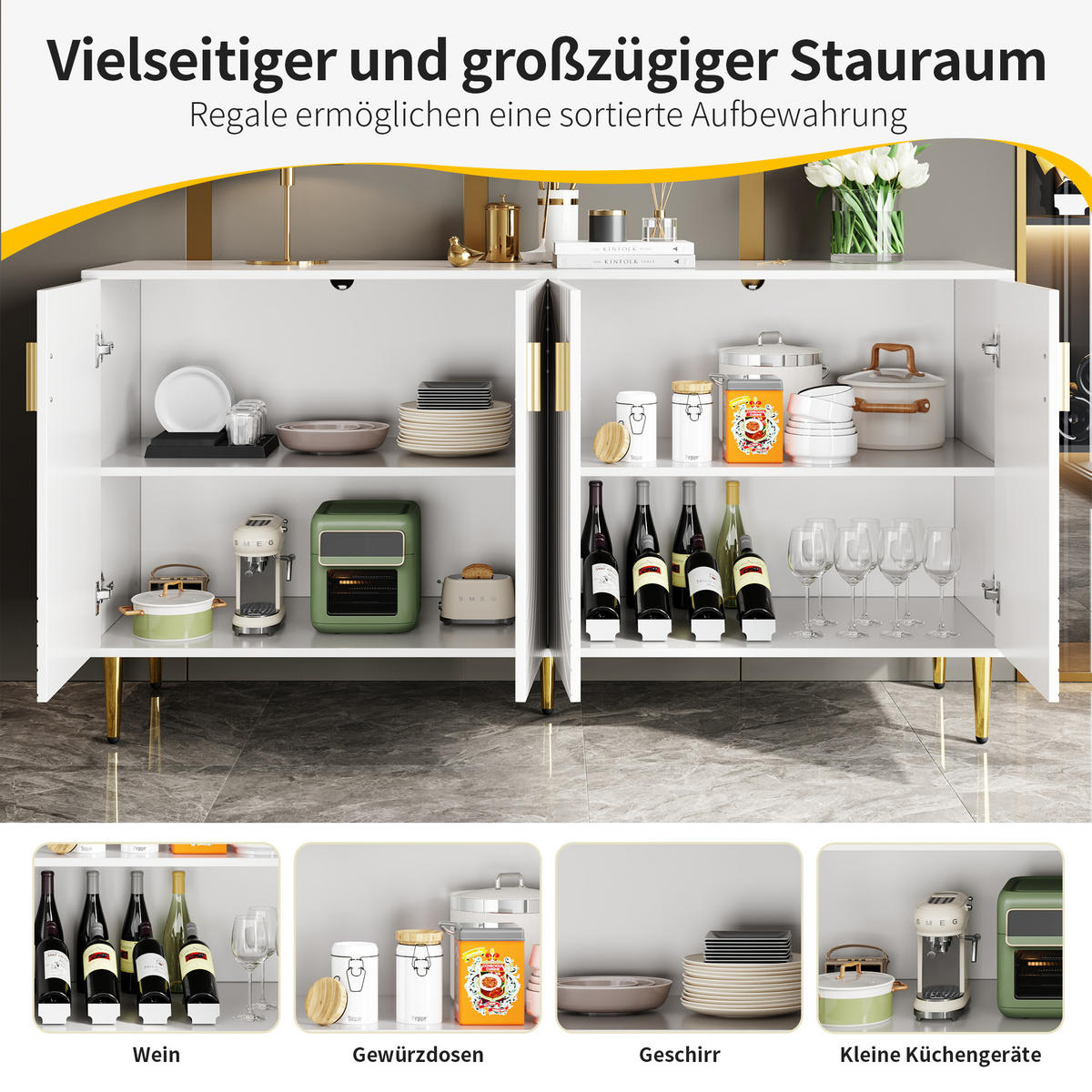 SIDEBOARD Wellenfront mit goldenen Griffen & Füßen Weißes - Weiß, Holzwerkstoff (152/75/40cm) - Urban Meuble