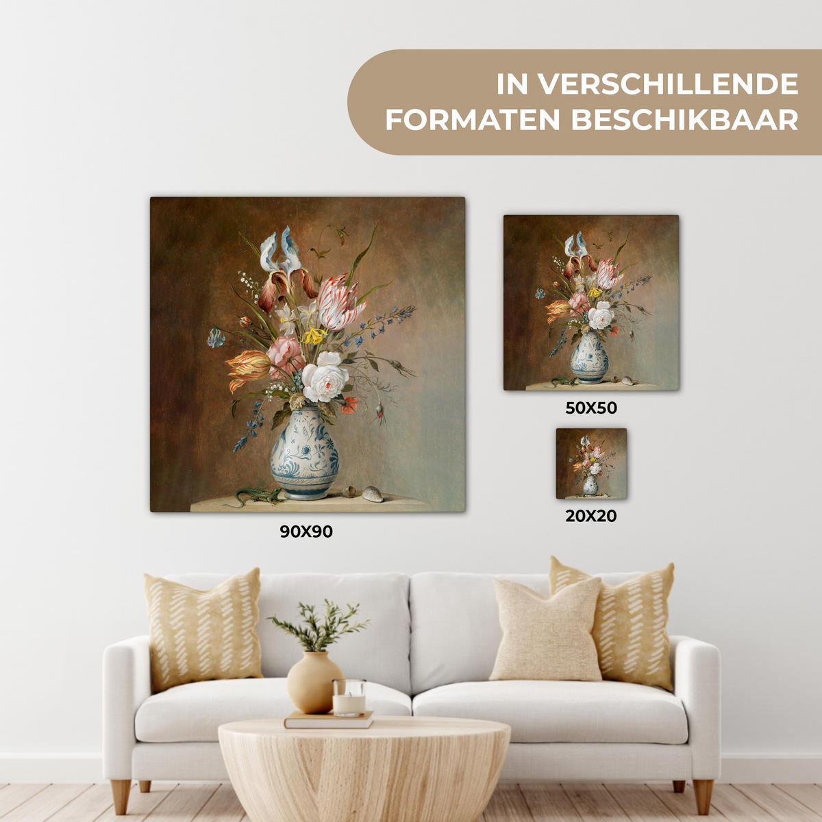LEINWANDBILD Alte Meister - Blumen - Balthasar van der Ast Deko Wohnzimmer 20x20 cm - Hellbraun, Textil (20/20cm) - MuchoWow
