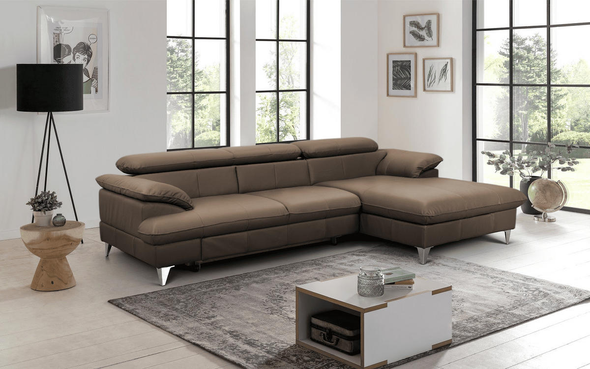 ECKSOFA mit Schlaffunktion und Bettkasten, Echtleder - Chromfarben/Braun, Leder/Holz (167/254cm) - Cotta
