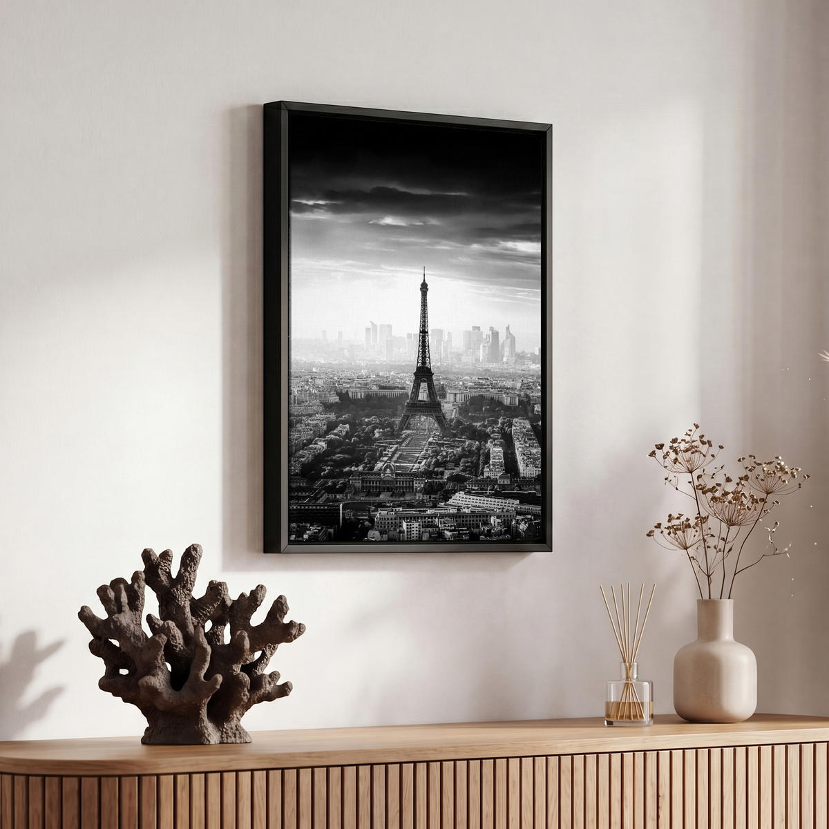 LEINWAND Bilder mit Rahmen - Paris - Skyline - Eiffelturm - Stadt - Wolken - 20x30 - Dunkelgrau, Textil (20/30cm) - MuchoWow