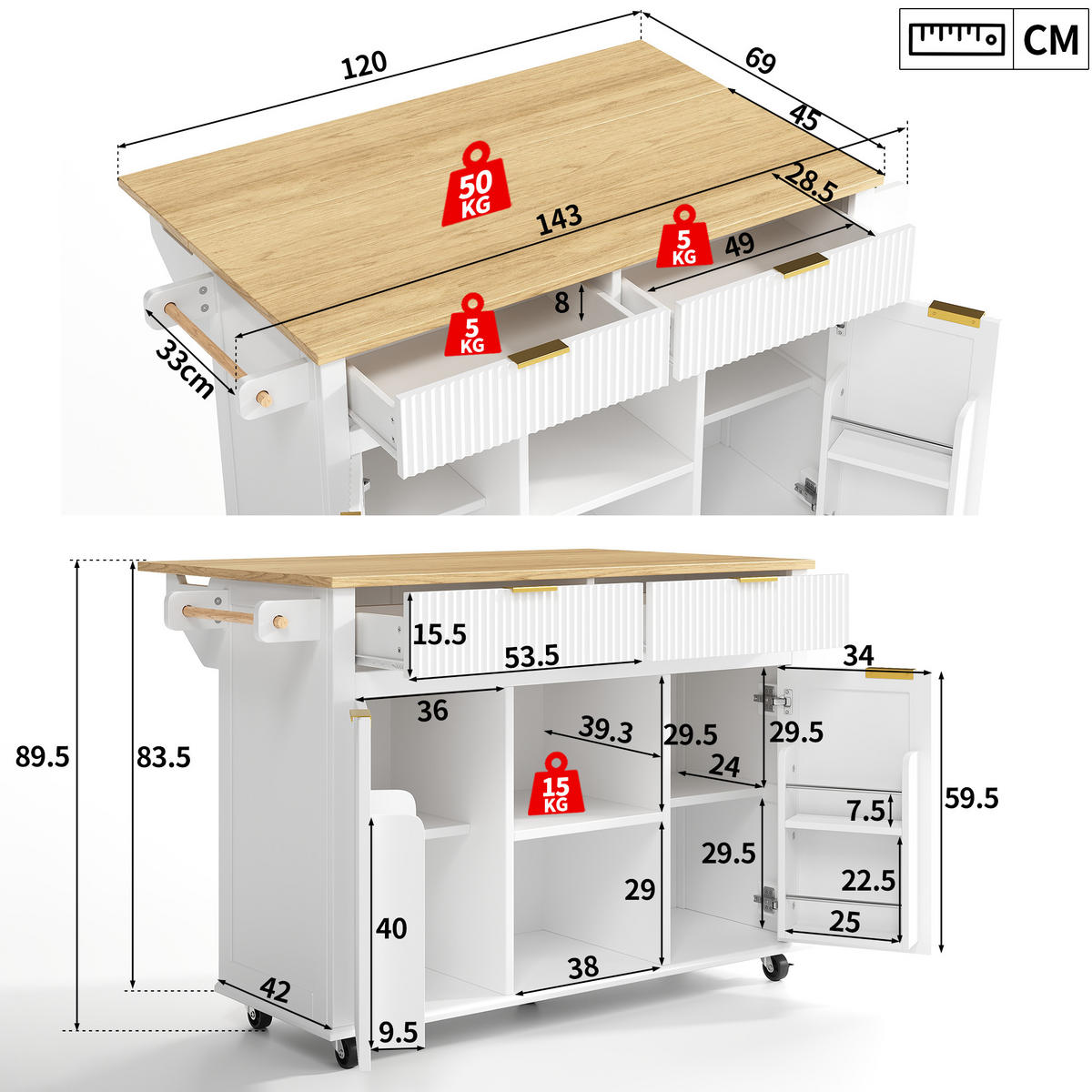 KÜCHENINSEL auf Rollen 143/45/89.5 cm Weiß mit klappbarer Arbeitsplatte, 2 Schubladen und Stauraum - Weiß, Holz/Holzwerkstoff (45/89.5/143cm) - Oxeza