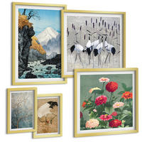 BILDER SET 5er Set - 50x50 cm & 20x30 cm & 40x60 cm Goldrahmen - Berge, Fluss, Blumen, Kraniche - Goldfarben, Kunststoff (40/60cm) - TULUP