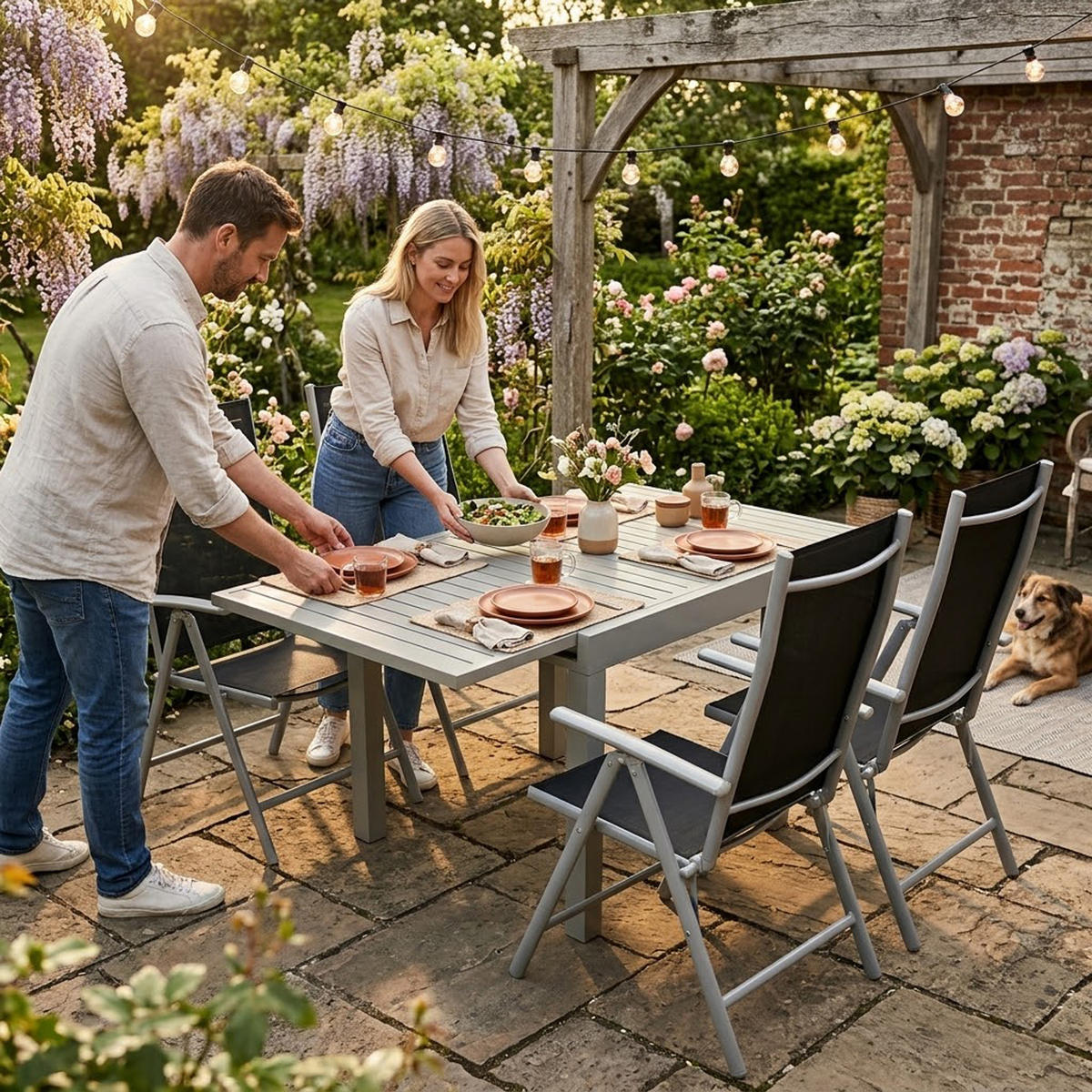 GARTEN-GARNITUR Sunderland - 5-teilige Garten-Essgruppe (4x Klappsessel mit Aluminiumgestell grau, Bespannung Textilene schwarz - Schwarz, Metall - TPFGarden