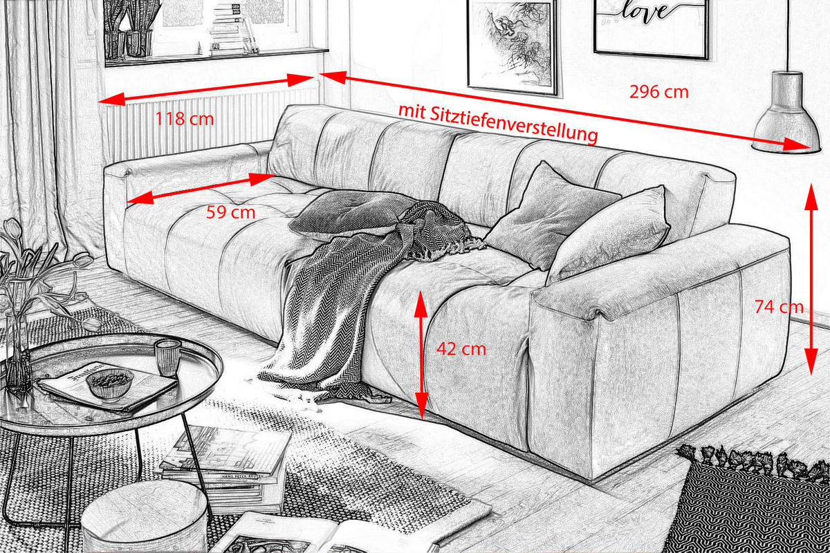 LEDERSOFA MIT SITZTIEFENVER. PALACE Braun Leder - Dunkelbraun/Braun, Leder (298/74/120cm) - KAWOLA