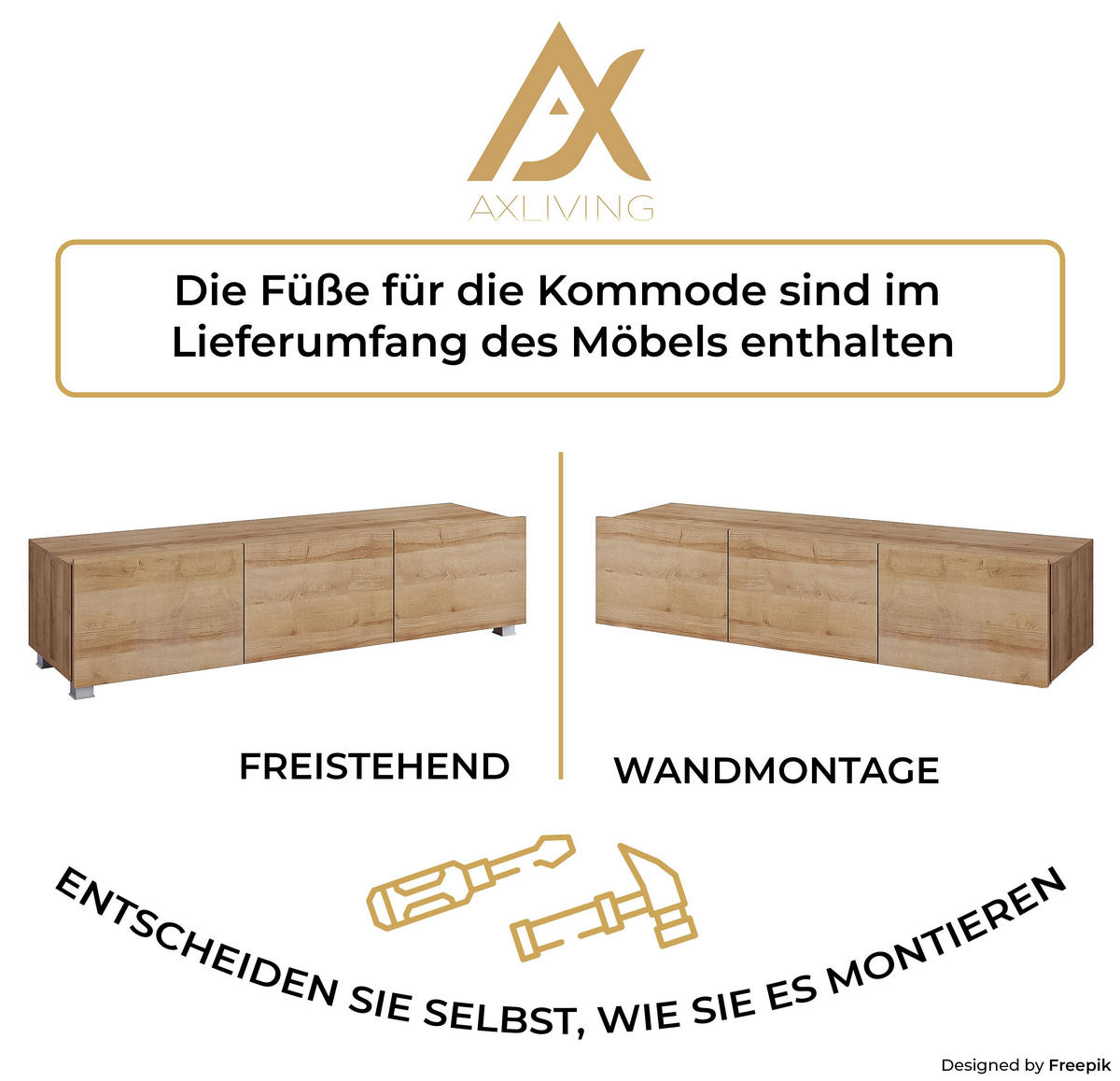WOHNWAND Kossana 4 Modern Weiß/Goldene Eiche 255/142/43 cm Designmöbel - Hellbraun/Weiß, Holzwerkstoff/Kunststoff (255/142/43cm) - AX Living