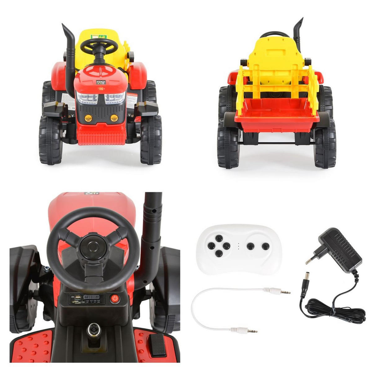 ELEKTROTRAKTOR Rancher rot mit Anhänger, Hupe, Licht, MP3, Fernbedienung - Rot, Kunststoff (160/65/68cm) - Moni