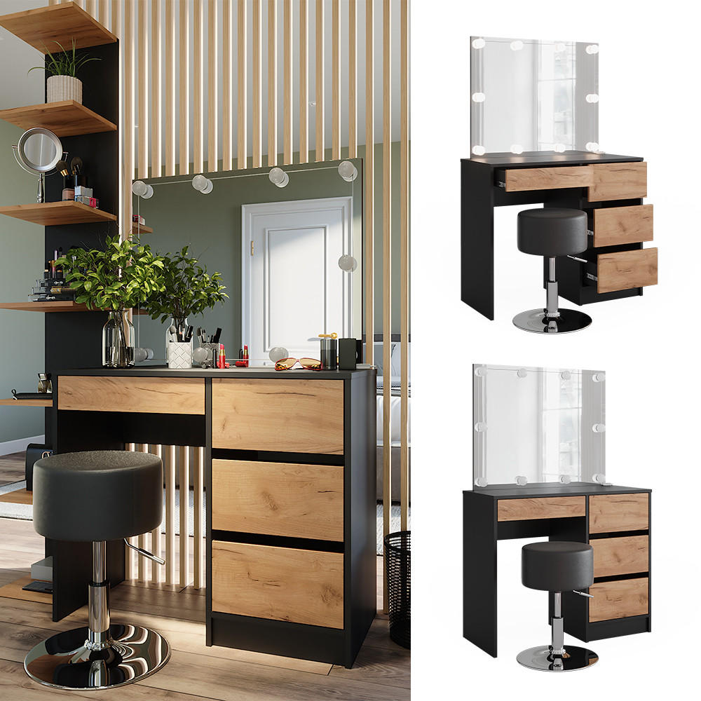 SCHMINKTISCH Sherry Anthrazit/Goldkraft Eiche 90 x 75 cm mit Spiegel, LED-Beleuchtung & Hocker - Anthrazit/Eiche Wotan, Holzwerkstoff (90/75/40cm) - Vicco