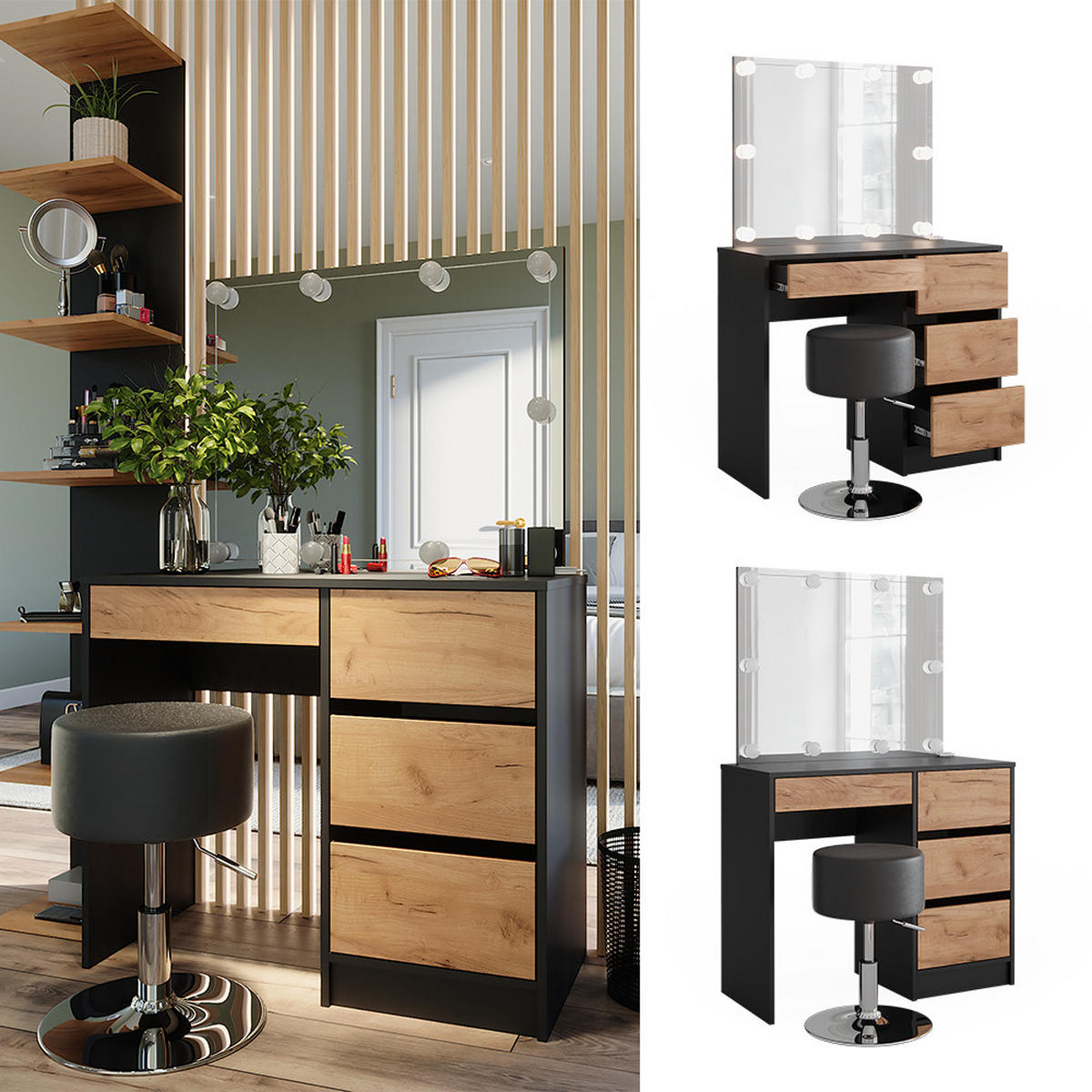 SCHMINKTISCH Sherry Anthrazit/Goldkraft Eiche 90 x 75 cm mit Spiegel, LED-Beleuchtung & Hocker - Anthrazit/Eiche Wotan, Holzwerkstoff (90/75/40cm) - Vicco