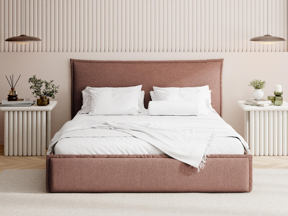 POLSTERBETT Pillow mit Bettkasten, Lattenrost & hohem Kopfteil in Terrakotta Chenille 120x200 cm - Birkefarben/Rot, Holz/Kunststoff (120/200cm) - WFL GROUP