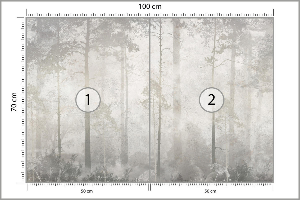 FOTOTAPETE für Wohnzimmer Nebliger Wald Vintage Bäume 100x70 - Beige/Grau, Papier (100/70cm) - Muralo