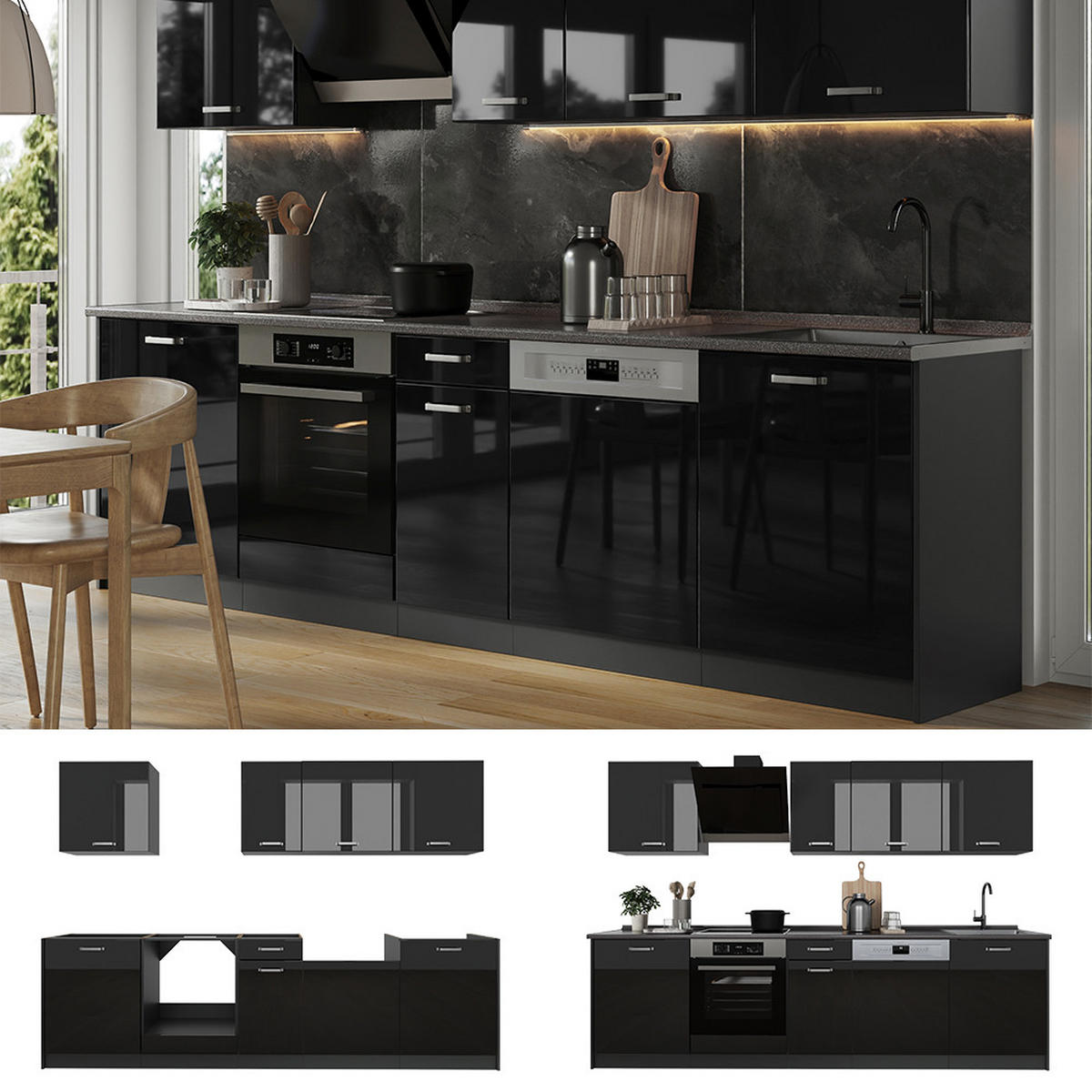KÜCHENZEILE R-Line, Schwarz Hochglanz/Weiß, 280 cm Arbeitsplatte Goldkraft Eiche - Schwarz Hochglanz/Weiß, Holzwerkstoff (280/206.8/60cm) - Vicco