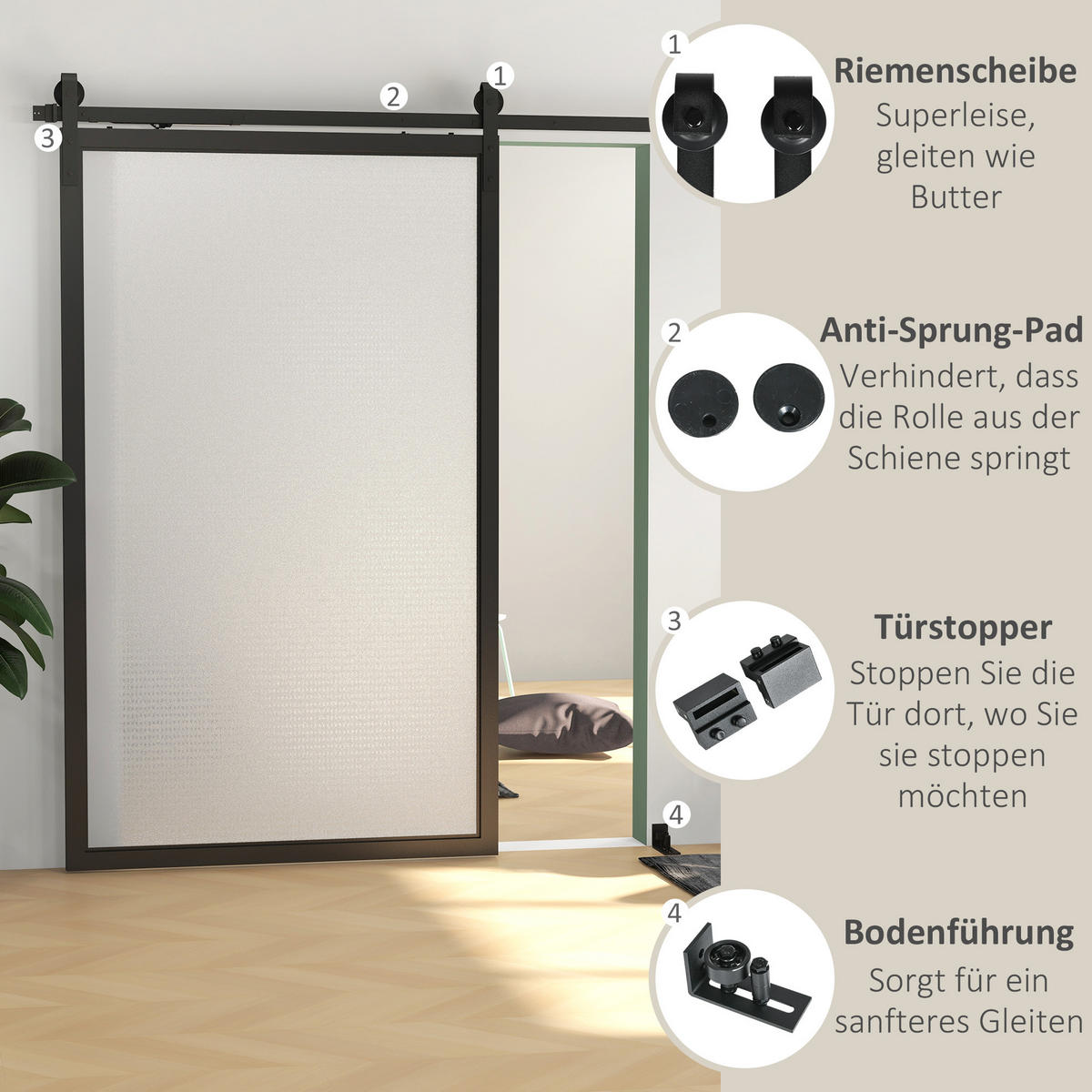 SCHIEBETÜREN-BESCHLAGSATZ, 244 cm Komplett-Set mit Schienen, Rollen, Anti-Sprung-Vorrichtungen, Türstopper, Schwarz - Schwarz, Metall (0.5/4/244cm) - HOMCOM
