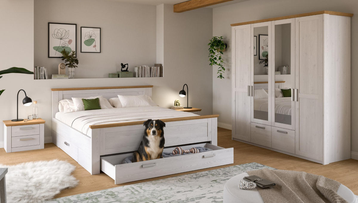 SCHLAFZIMMER weiß Lärche, Eiche Artisan Landhaus Set mit Bett inklusive Bettschubkästen, 2x Nachttisch - Eichefarben/Silberfarben, Holzwerkstoff/Kunststoff (180/200cm) - Inn.Furn