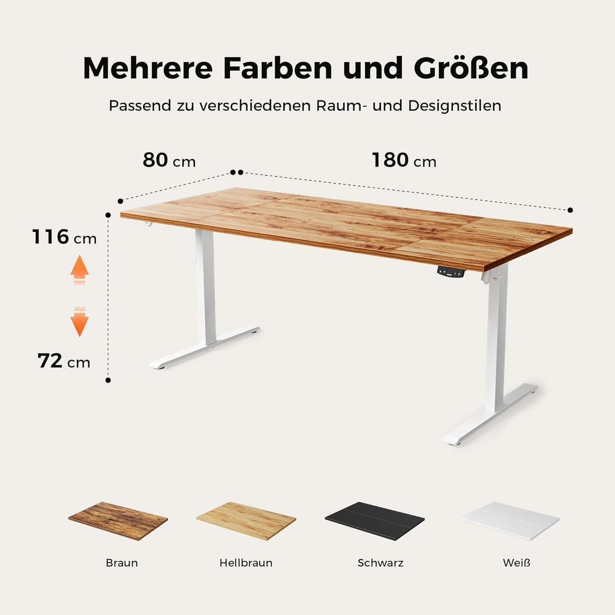 SCHREIBTISCH Höhenverstellbar Elektrisch 180 x 80 cm Hellbraun - Braun, Holzwerkstoff (180/80/75cm)