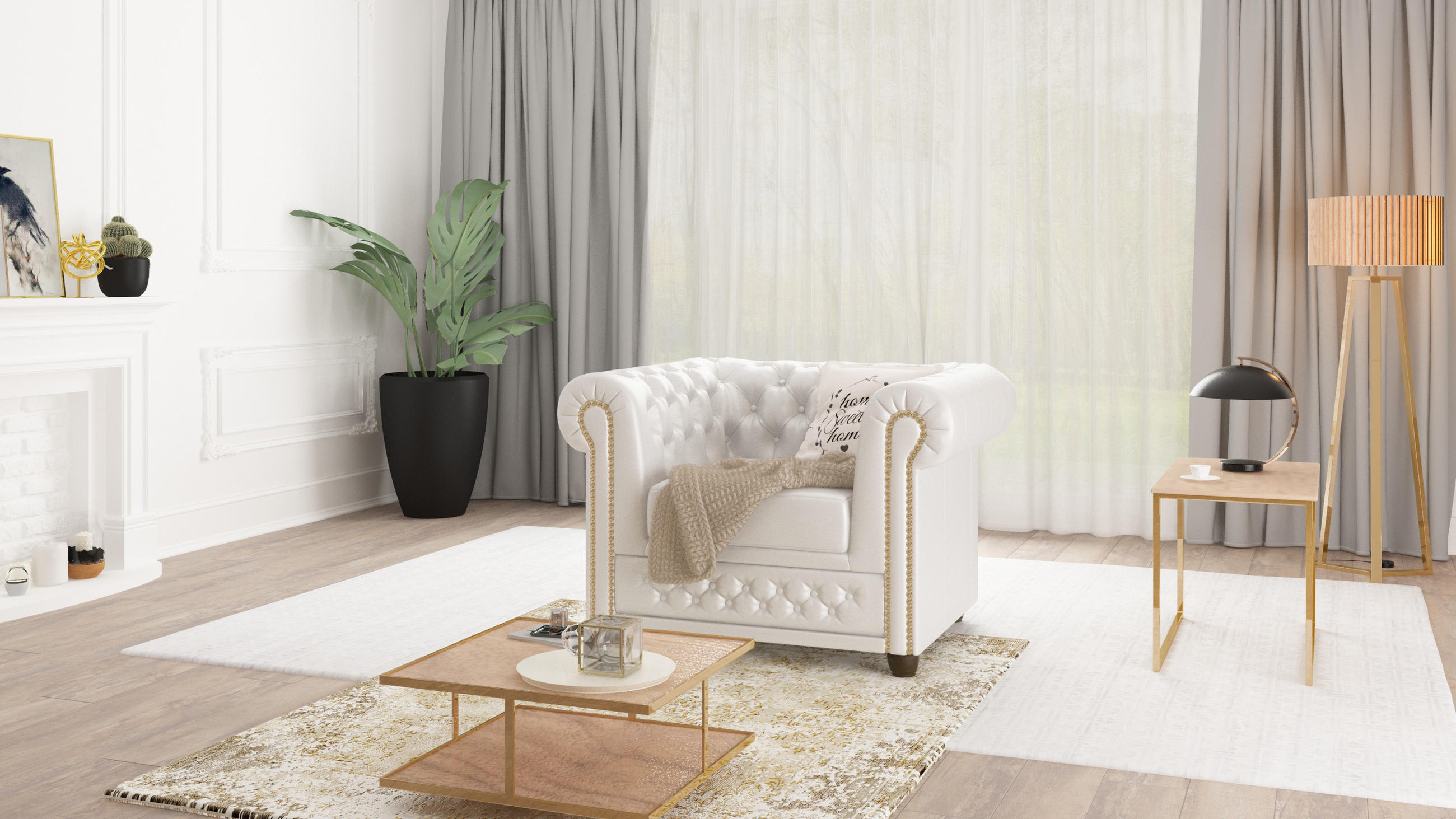 CHESTERFIELD-SESSEL Morin Weiß vegan Leder - Braun/Weiß, Holz/Textil (94/72/86cm) - S-Style Möbel