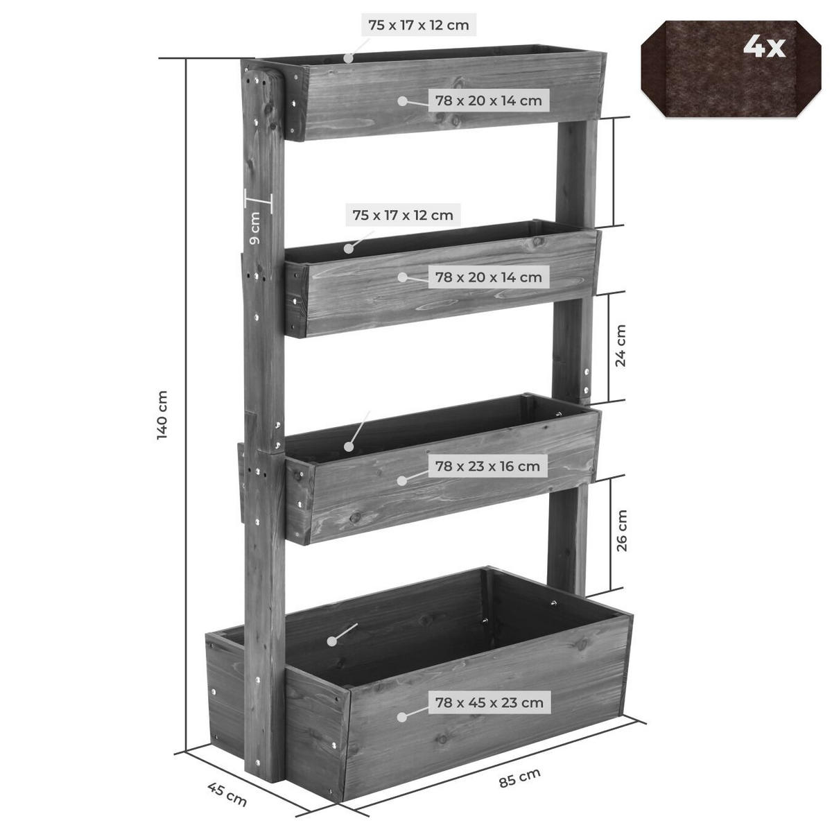 HOCHBEET Flora, inklusive Pflanzvlies, 85 x 45 x 140 cm, grau - Grau, Holz (85/140/45cm) - tectake