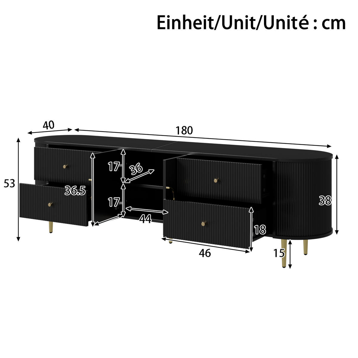 LOWBOARD DE-40161 mit Wellenstruktur und Aluminiumgriffen Schwarz - Schwarz, Holzwerkstoff (180/53/40cm) - ComfortXL