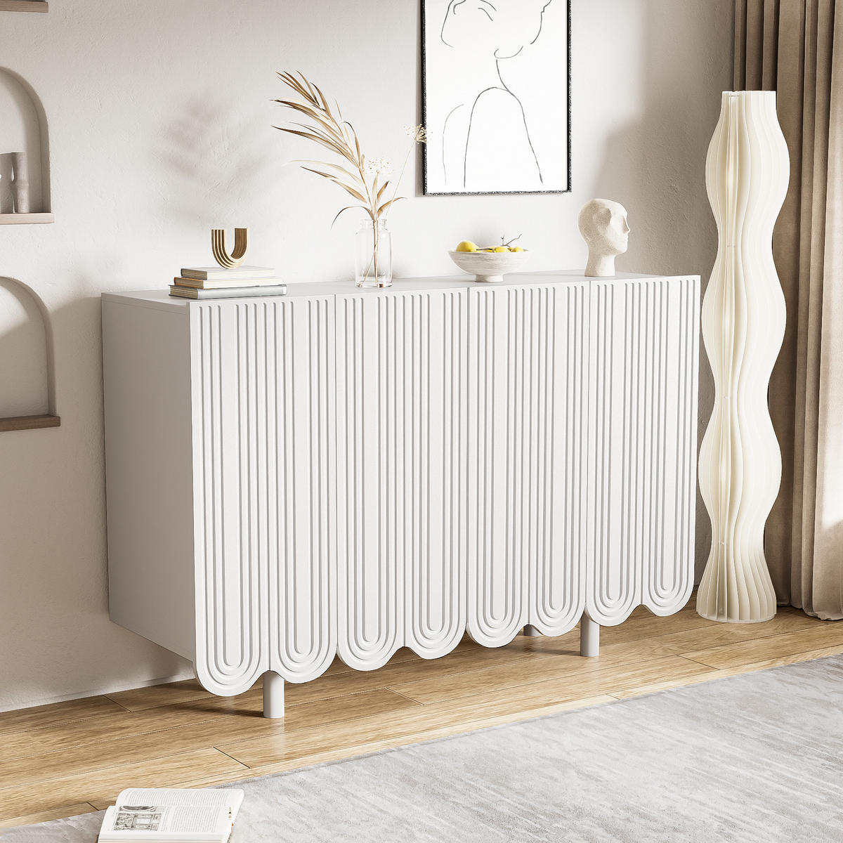 KUCHYŇSKÁ SKŘÍŇ bílá, kapkovitý design, tvarovaná dvířka, do obývacího pokoje a jídelny, 120×37,5×80,8 cm - bílá, kov/kompozitní dřevo (120/80.8/37.5cm) - STILVORA
