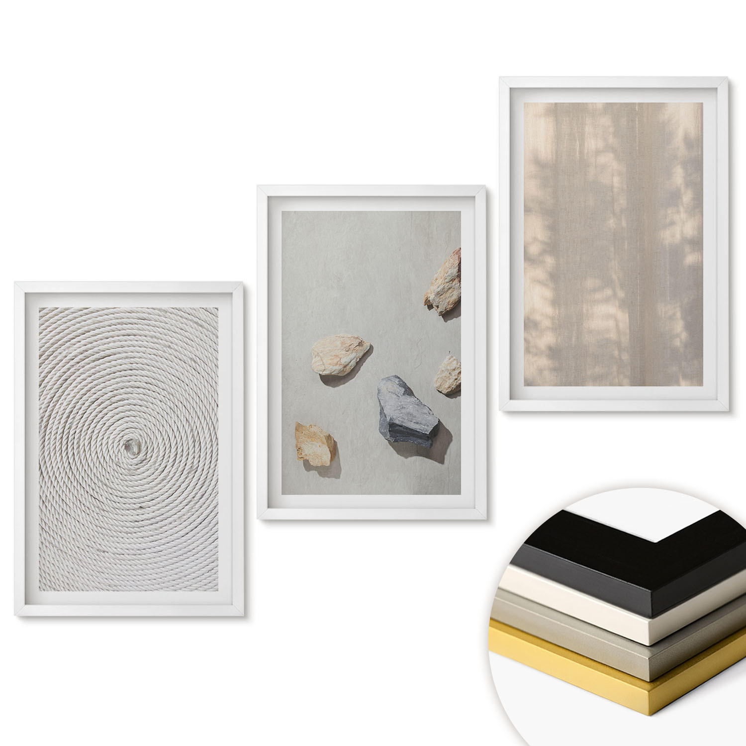 WANDBILDER 3er-Set - 40x60 cm Weißer Rahmen - Boho-Naturtexturen und -Strukturen - Weiß, Kunststoff (40/60cm) - ArtPrintCave