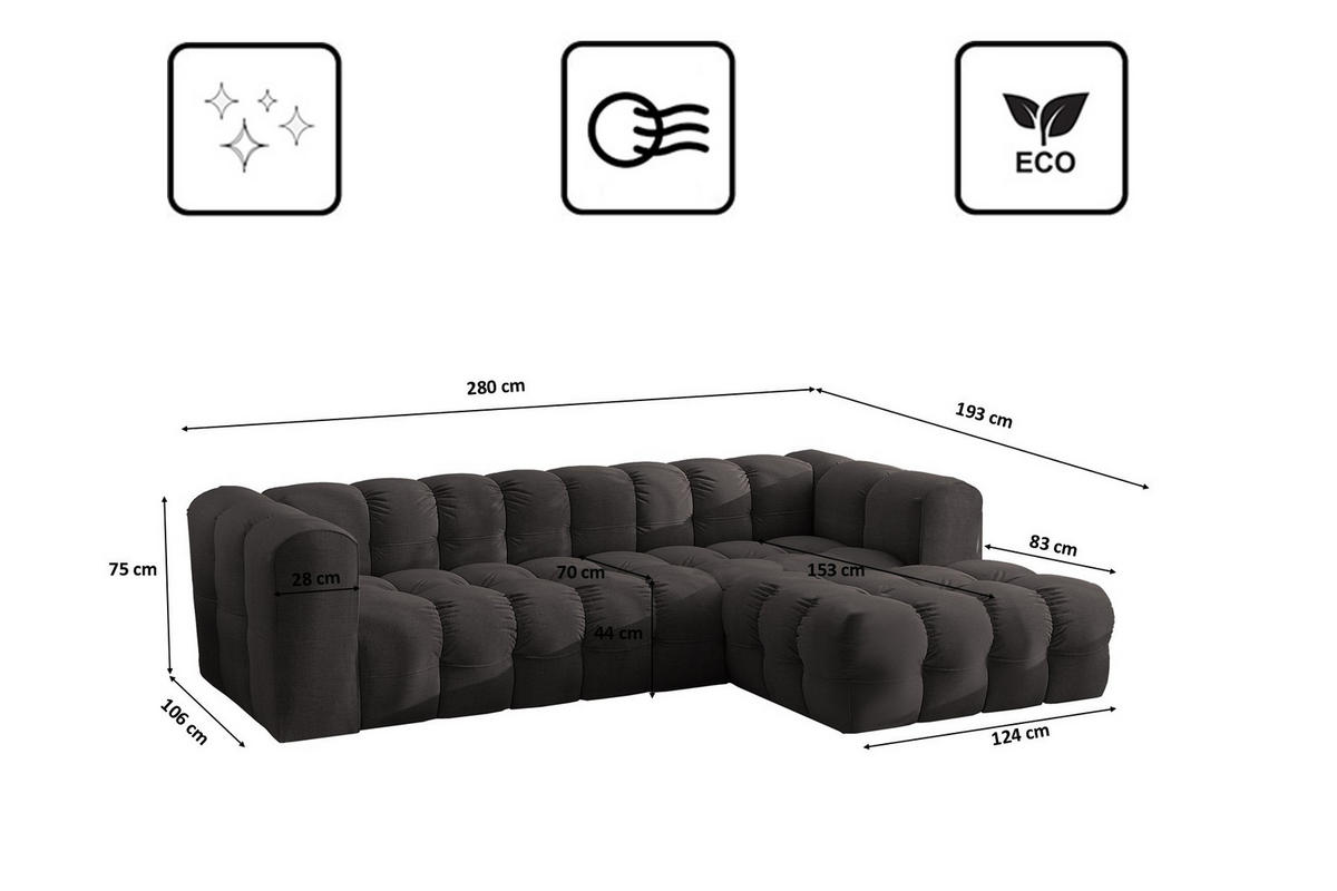 ECKSOFA L-form BALOO L, Chenille-Stoff Moly, Schwarz, Rechts - Schwarz, Holz (280/193cm) - Kaiser Möbel