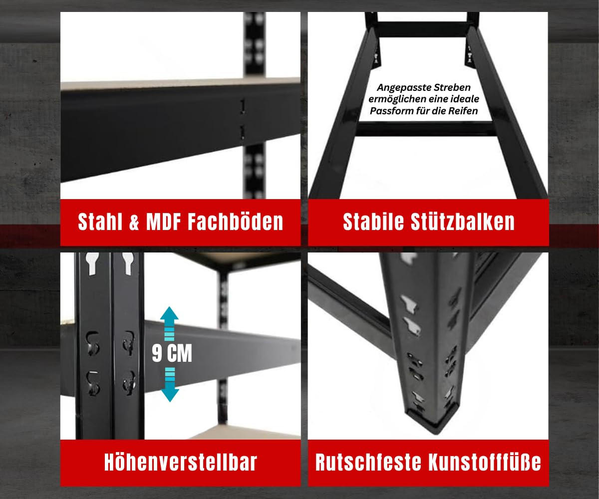 REIFENREGAL Tiger 180x120x40 cm bis zu 12 Reifen auf 2 Ebenen + 2 Ablagen Schwarz - Schwarz, Metall (120/180/40cm) - PROREGAL