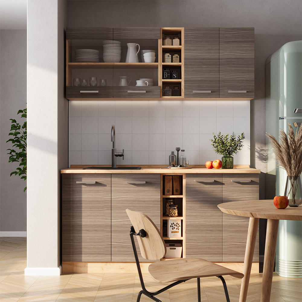 SINGLEKÜCHE R-Line Edelgrau/Goldkraft Eiche 160 cm ohne Arbeitsplatte - Eiche Wotan/Braun, Holzwerkstoff (160/81.6/46cm) - Vicco
