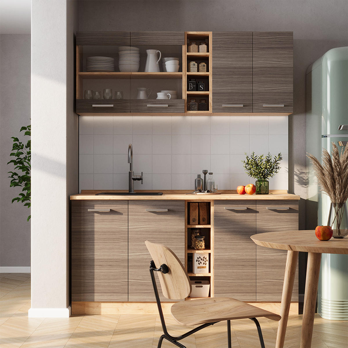 SINGLEKÜCHE R-Line Edelgrau/Goldkraft Eiche 160 cm ohne Arbeitsplatte - Honigeiche/Braun, Holzwerkstoff (160/81.6/46cm) - Vicco